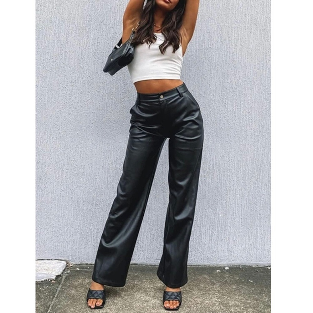 High Waist Wide Leg Leather Pants